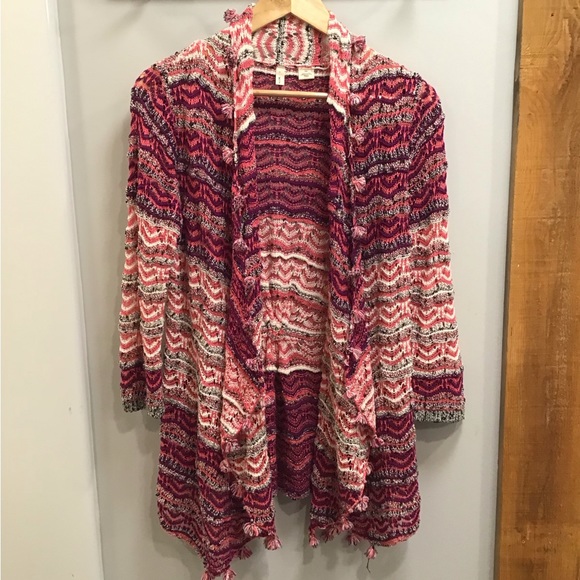 Moth Womens Crochet Cardigan Open Front Sweater Size M Fringe Stripes Poms Boho - Picture 7 of 15